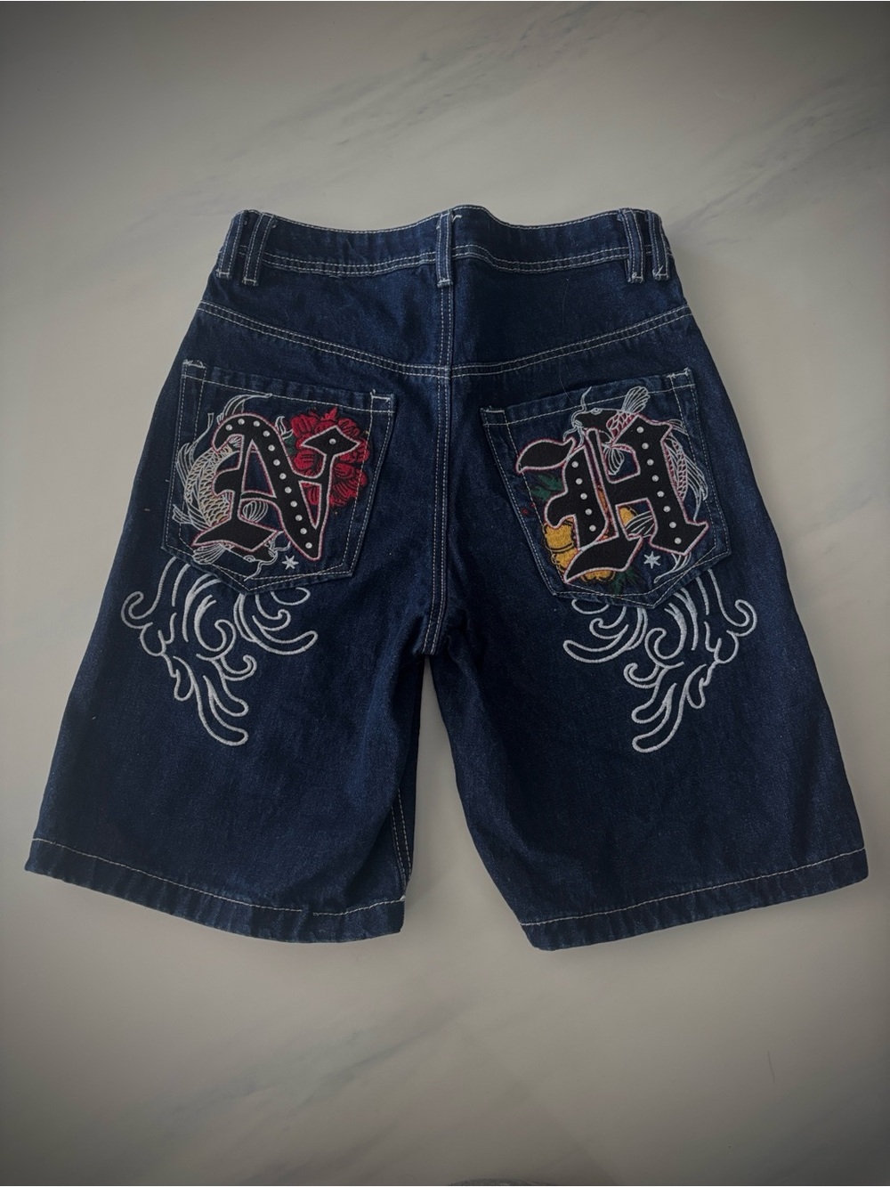 Dark Blue ninth hall Denim Shorts with Embroidery and some gems unisex